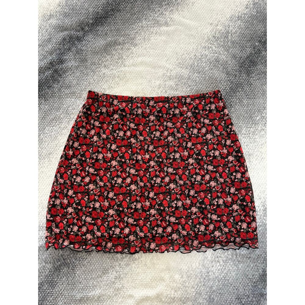 Shein Red Floral Print Lettuce Trim Mesh Bodycon Lined High Waist Skirt Size XL